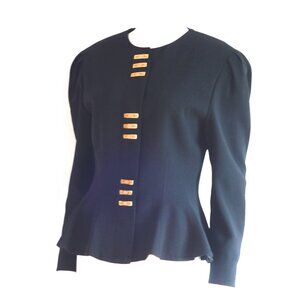 Louis Feraud 1980's Black Wool Blazer With Hidden Buttons & Gold Tone Accents